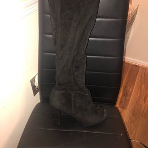 Black Suede Thigh High Peep Toe Boots